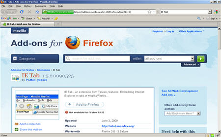 IE Tab add-on for firefox browser